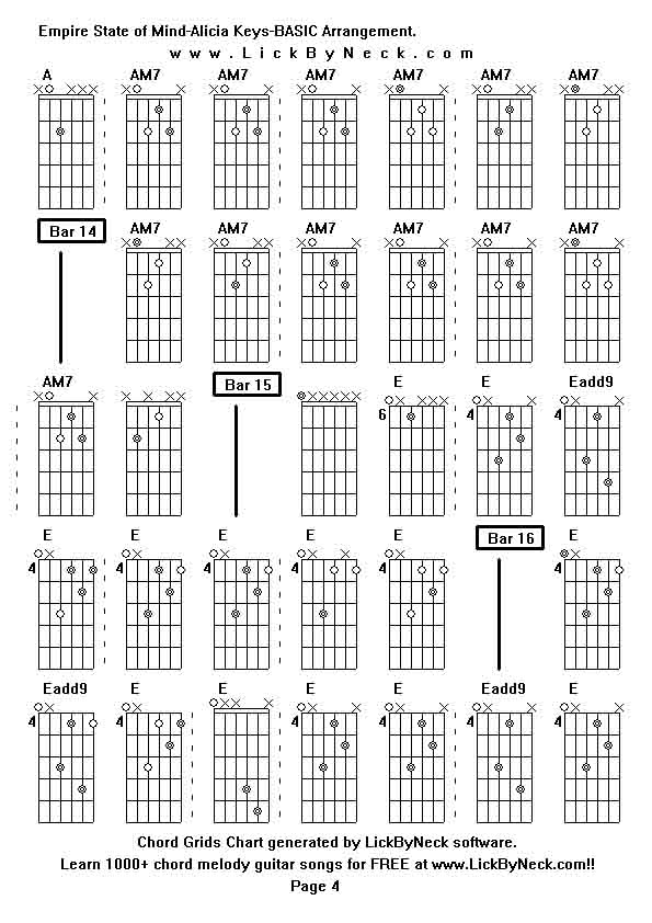 Chord Grids Chart of chord melody fingerstyle guitar song-Empire State of Mind-Alicia Keys-BASIC Arrangement,generated by LickByNeck software.